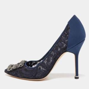 Pre Owned Manolo Blahnik Navy Blue/Black Lace and Satin Hangisi Pumps Size 36