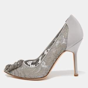 Pre Owned Manolo Blahnik Grey Mesh and Fabric Hangisi Pumps Size 36