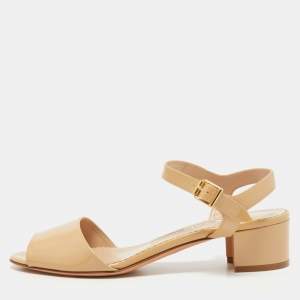 Pre Owned Manolo Blahnik Beige Patent Leather Ankle Strap Sandals Size 37.5