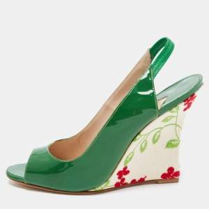 Pre Owned Manolo Blahnik Green Patent Wedge Slingback Pumps Size 38.5