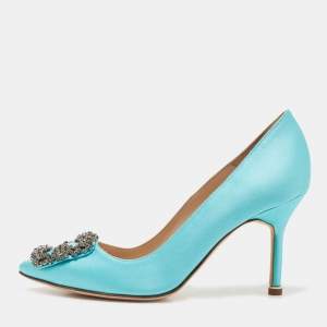 Pre Owned Manolo Blahnik Blue Satin Hangisi Pumps Size 35.5