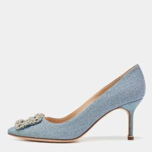 Pre Owned Manolo Blahnik Blue Holographic Glitter Fabric Hangisi Crystal Embellished Pumps Size 37.5