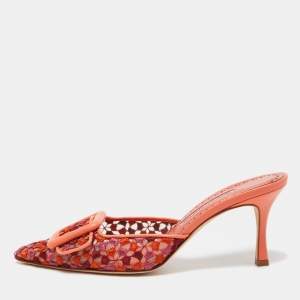 Manolo Blahnik Tricolor Embroidered Fabric Maysale Mules Size 38.5