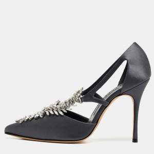 Pre Owned Manolo Blahnik Navy Blue Satin Lala Pumps Size 38.5 