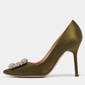 Pre Owned Manolo Blahnik Green Satin Hangisi Pumps Size 36