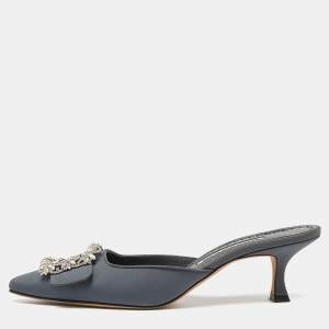 Manolo Blahnik Grey Fabric Maysale Crystal Embellished Pointed Toe Mules Size 38