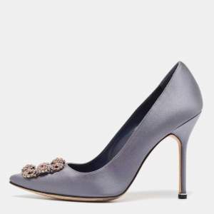 Pre Owned Manolo Blahnik Grey Satin Hangisi Pumps Size 39