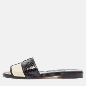 Manolo Blahnik Black/Cream Python Megacle Flat Slides Size 37.5