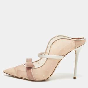 Manolo Blahnik Beige/White Mesh and Leather Marguerite Mules Size 41