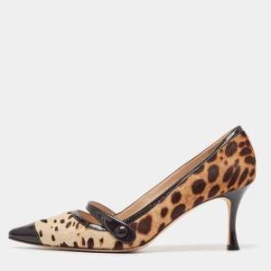 Pre Owned Manolo Blahnik Brown/Black Animal Print Calf Hair Pumps Size 37.5