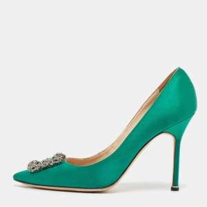 Pre Owned Manolo Blahnik Green Satin Hangisi Pumps Size 41