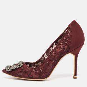 Pre Owned Manolo Blahnik Burgundy Lace and Mesh Hangisi Pumps Size 38