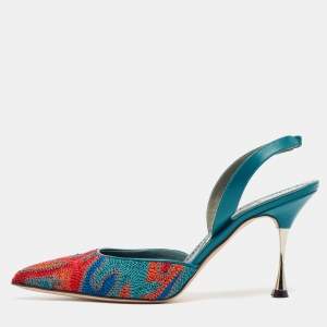 Pre Owned Manolo Blahnik Multicolor Fabric and Leather Pointed Toe Elastic Pumps Size 39.5
