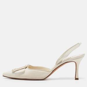 Pre Owned Manolo Blahnik Cream Canvas Maysli Pumps Size 39.5