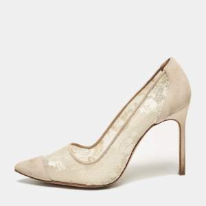 Manolo Blahnik Grey Mesh and Suede Salola Pumps Size 38.5