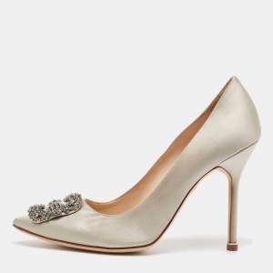 Pre Owned Manolo Blahnik Grey Satin Hangisi Pumps Size 39
