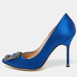Pre Owned Manolo Blahnik Blue Satin Hangisi Pumps Size 37.5