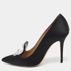 Manolo Blahnik Black Satin Borlak Crystal Embellished Pointed Toe Pumps Size 36.5