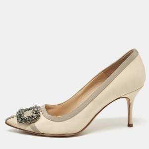 Manolo Blahnik Cream/Grey Canvas and Fabric Gotrian Pumps Size 36.5