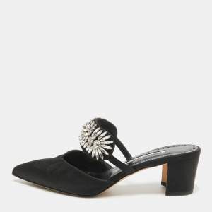 Pre Owned Manolo Blahnik Black Satin Crystal Embellished Mules Size 38