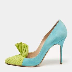 Pre Owned Manolo Blahnik Blue/Green Suede Frill Arleti Pumps Size 39