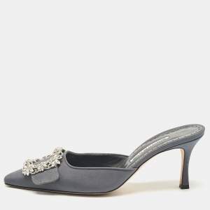 Manolo Blahnik Grey Fabric Maysale Mules Size 38.5
