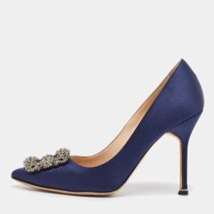 Manolo Blahnik Navy Blue Satin Hangisi Pumps Size 36