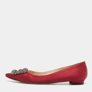 Manolo Blahnik Burgundy Satin Hangisi Ballet Flats 37.5