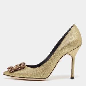 Manolo Blahnik Gold Lurex Fabric Hangisi Pumps Size 37