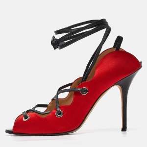 Manolo Blahnik Red/Black Satin and Leather Ankle Wrap Sandals Size 40