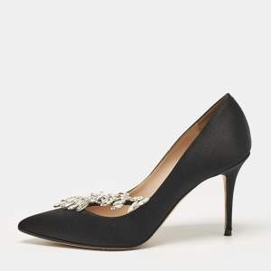 Manolo Blahnik Black Satin Nadira Pumps Size 37.5