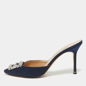 Manolo Blahnik Navy Blue Satin Hangisi Mules Size 41