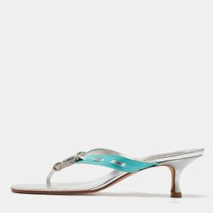 Manolo Blahnik Blue/Silver Leather Crystal Embellished Thong Sandals Size 41