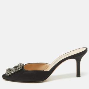 Manolo Blahnik Black Satin Hangisi Mules Size 37.5