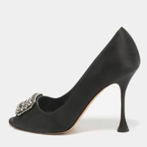 Manolo Blahnik Black Satin Matik Peep Toe Pumps Size 37.5