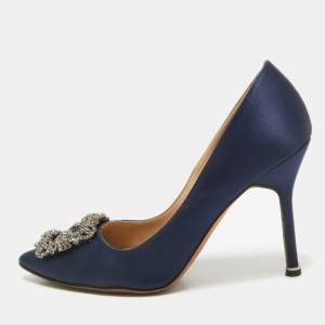 Manolo Blahnik Navy Blue Satin Hangisi Pumps Size 37