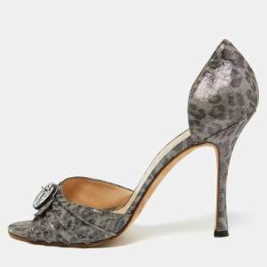 Manolo Blahnik Grey Leopard Print Suede Sedaraby D'Orsay Pumps Size 40.5