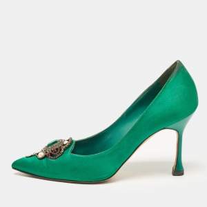Pre Owned Manolo Blahnik Green Satin Eufrasia Pumps Size 37.5