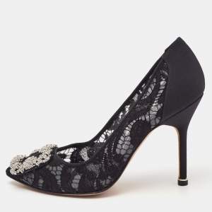 Manolo Blahnik Black Lace and Mesh Hangisi Pumps Size 36