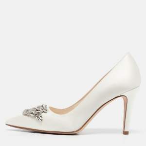 Pre Owned Manolo Blahnik White Satin Rhinestone Pumps Size 37.5