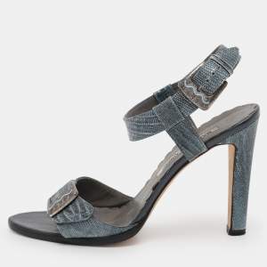 Manolo Blahnik Metallic Blue Lizard Embossed Leather Ankle Strap Sandals Size 38.5