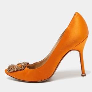 Manolo Blahnik Orange Satin Hangisi Crystal Embellished Pumps Size 36.5