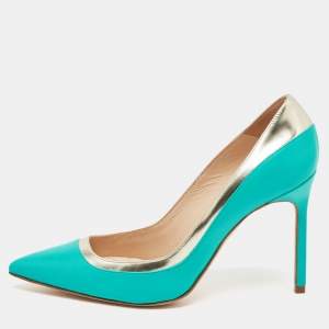 Pre Owned Manolo Blahnik Turquoise Blue Leather Pertati Pointed Toe Pumps Size 36.5