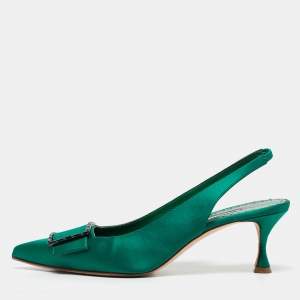Pre Owned Manolo Blahnik Green Satin Dolores Slingback Pumps Size 39