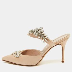 Manolo Blahnik Beige Satin Crystal Embellished Lurum Pointed Toe Mules Size 38