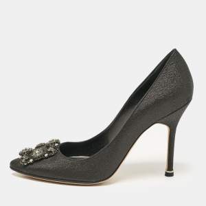 Manolo Blahnik Black Glitter Fabric Hangisi Pumps Size 37