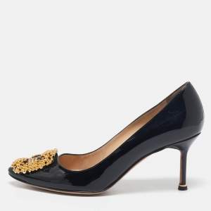 Manolo Blahnik Black Patent Leather Hangisi Pumps Size 37.5