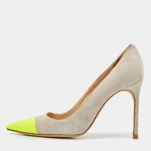 Manolo Blahnik Grey/Green  Suede BB Pointed Toe Pumps Size 38