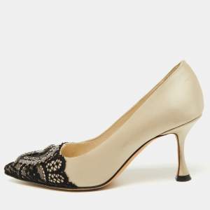 Manolo Blahnik Pearl White/Black Satin and Lace Gerontiushi Pumps Size 36