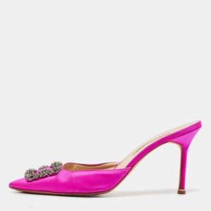 Pre Owned Manolo Blahnik Pink Satin Hangisi Mules Sandals Size 41.5